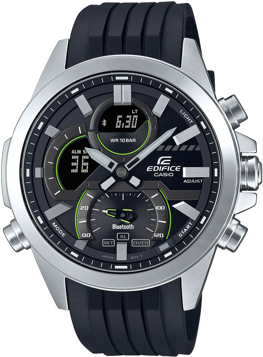 Reloj de hombre con correa de caucho negro y caja plateada, esfera negra