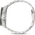 Pulsera de hombre con brazalete de metal plateado, vista lateral de la caja de acero inoxidable