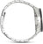 Pulsera de hombre con brazalete de metal plateado, vista lateral desde la parte posterior de la caja