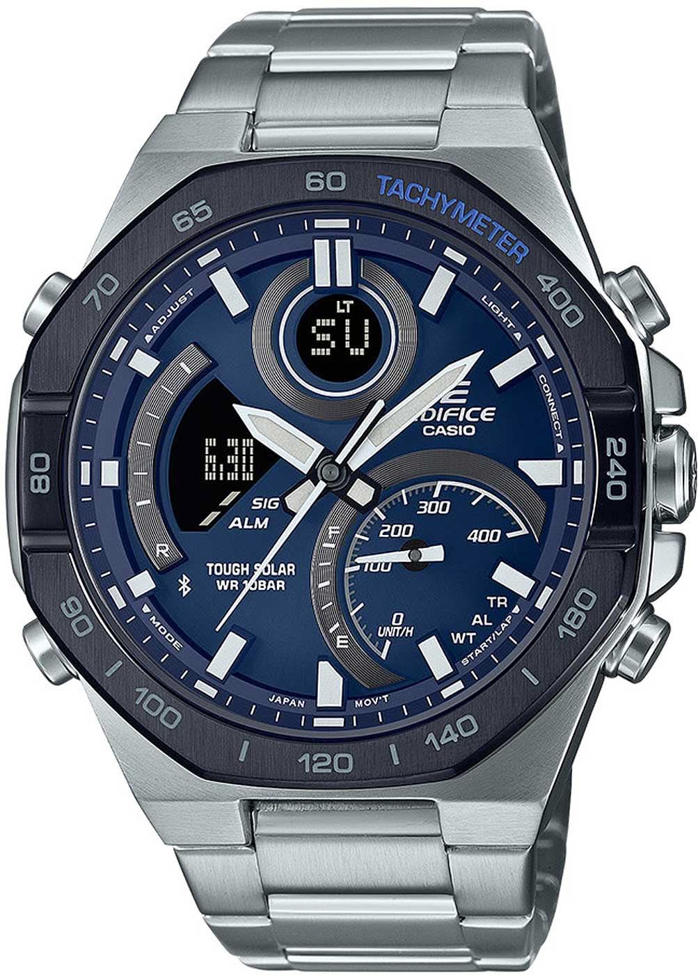 Reloj Casio Edifice para hombre con esfera azul oscuro, taquímetro y correa de acero inoxidable