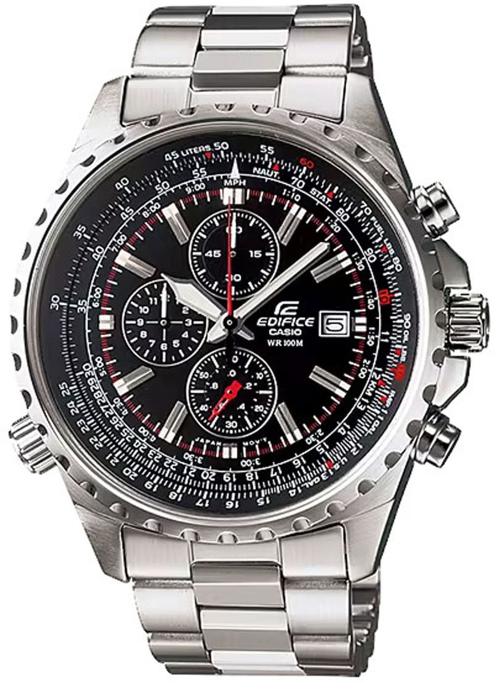 Reloj cronógrafo para hombre con correa de acero inoxidable y esfera negra, detalles en rojo