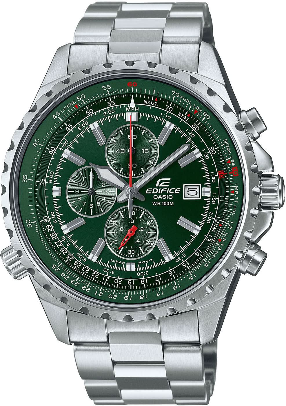 Pulsera de hombre con esfera verde, subesferas de cronógrafo y correa de acero inoxidable