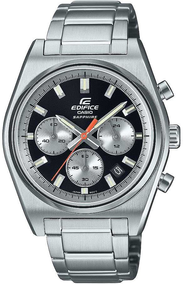 Reloj de hombre: correa de metal, esfera negra con cronógrafo y manecillas rojas