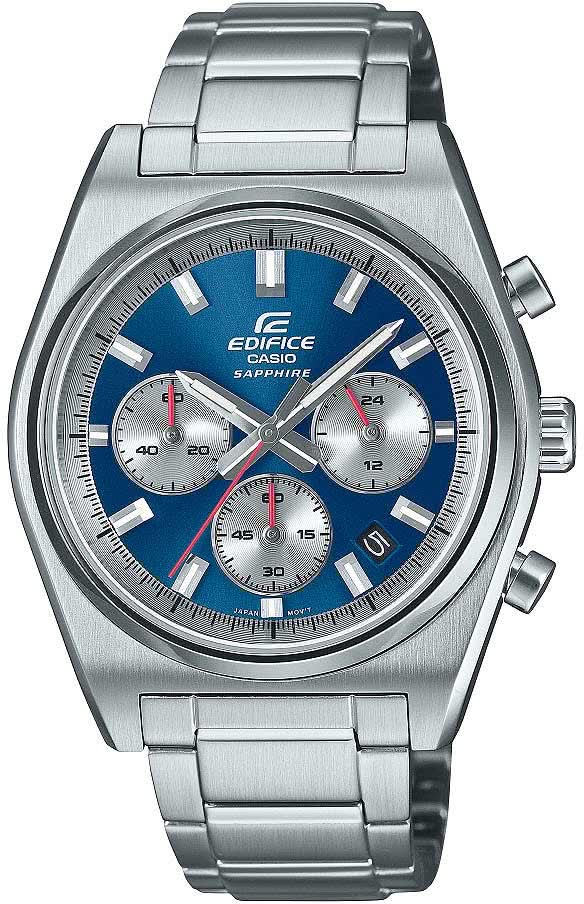 Reloj de hombre con correa de metal plateado, esfera azul, cronógrafo con tres subesferas