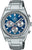 Reloj de hombre con correa de metal plateado, esfera azul, cronógrafo con tres subesferas