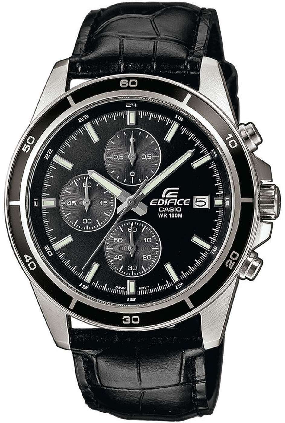 Reloj Casio Edifice para hombre con correa de cuero negra, esfera negra y subesferas de cronógrafo