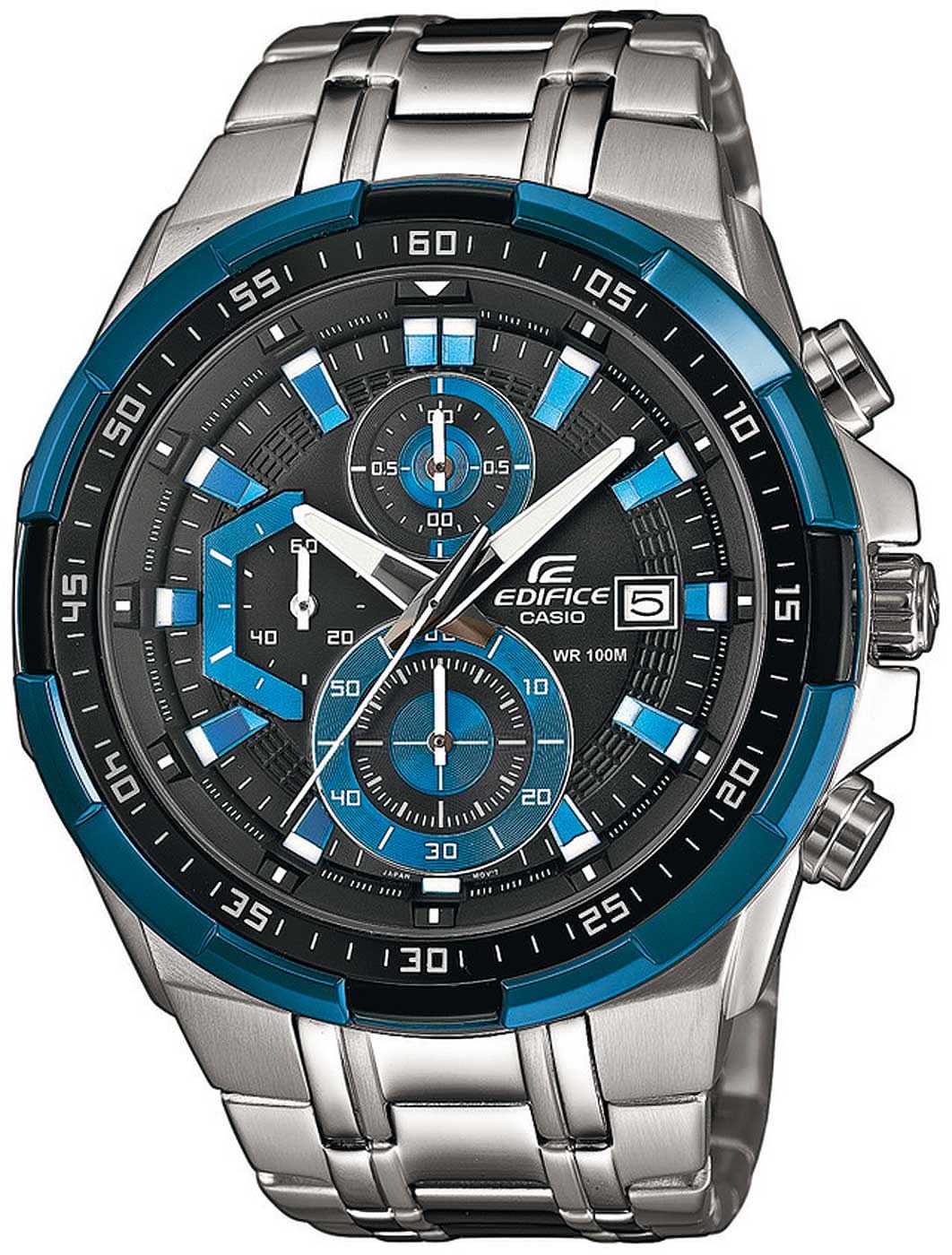 Reloj de hombre con correa de acero inoxidable, esfera negra y cronógrafo azul
