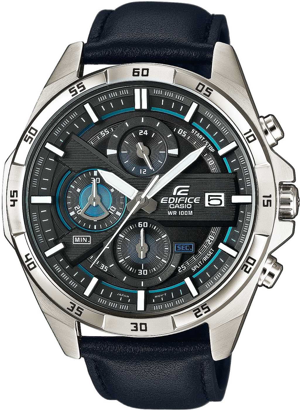 Cronógrafo para hombre con correa de cuero negra, esfera oscura y detalles en azul