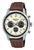 Reloj cronógrafo para hombre: caja plateada, correa de cuero marrón, esfera analógica.