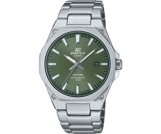 Reloj de hombre con esfera verde, correa de metal y ventana de fecha a las 3 en punto