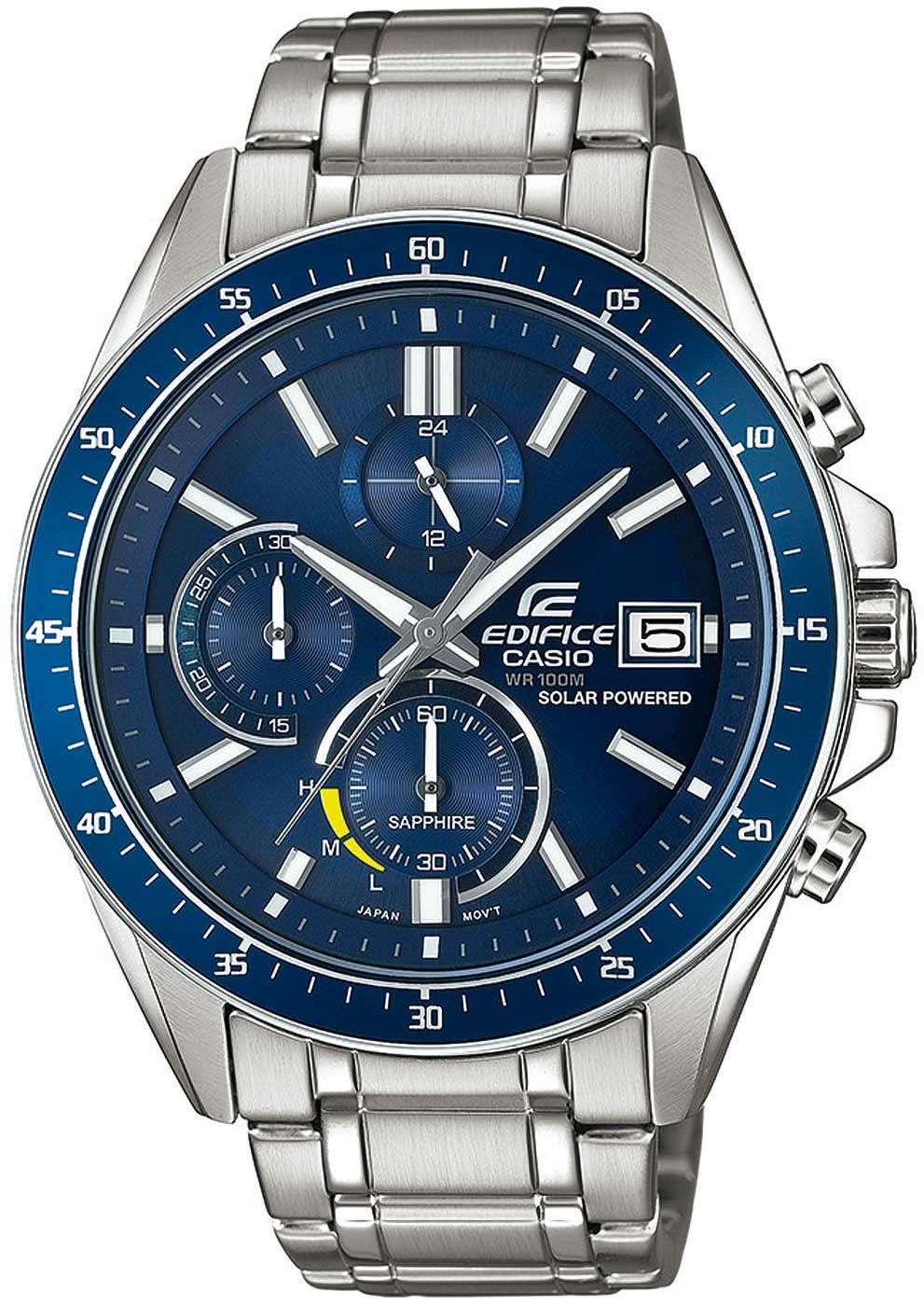 Pulsera de hombre con esfera azul de cronógrafo, tres subesferas y brazalete de acero inoxidable.
