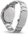 Pulsera de hombre vista trasera: fondo de acero inoxidable grabado, correa de eslabones adjunta.
