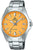 Pulsera de hombre con correa de acero inoxidable plateado y esfera amarilla, visualización de fecha a las 5