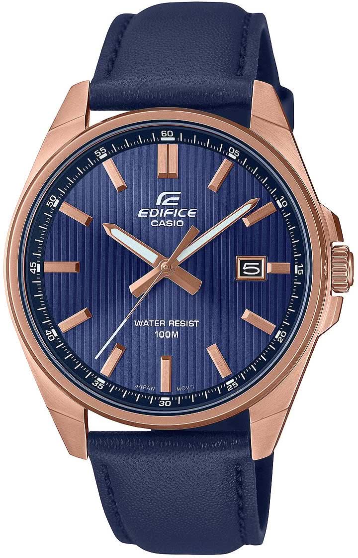 Pulsera de hombre con esfera azul, caja de oro rosa y correa de cuero azul con visualización de fecha