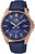Pulsera de hombre con esfera azul, caja de oro rosa y correa de cuero azul con visualización de fecha