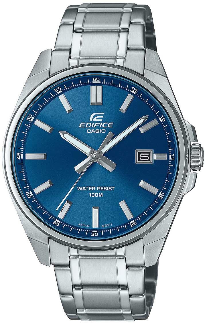 Pulsera de hombre con esfera azul, correa de acero inoxidable plateado y visualización de fecha
