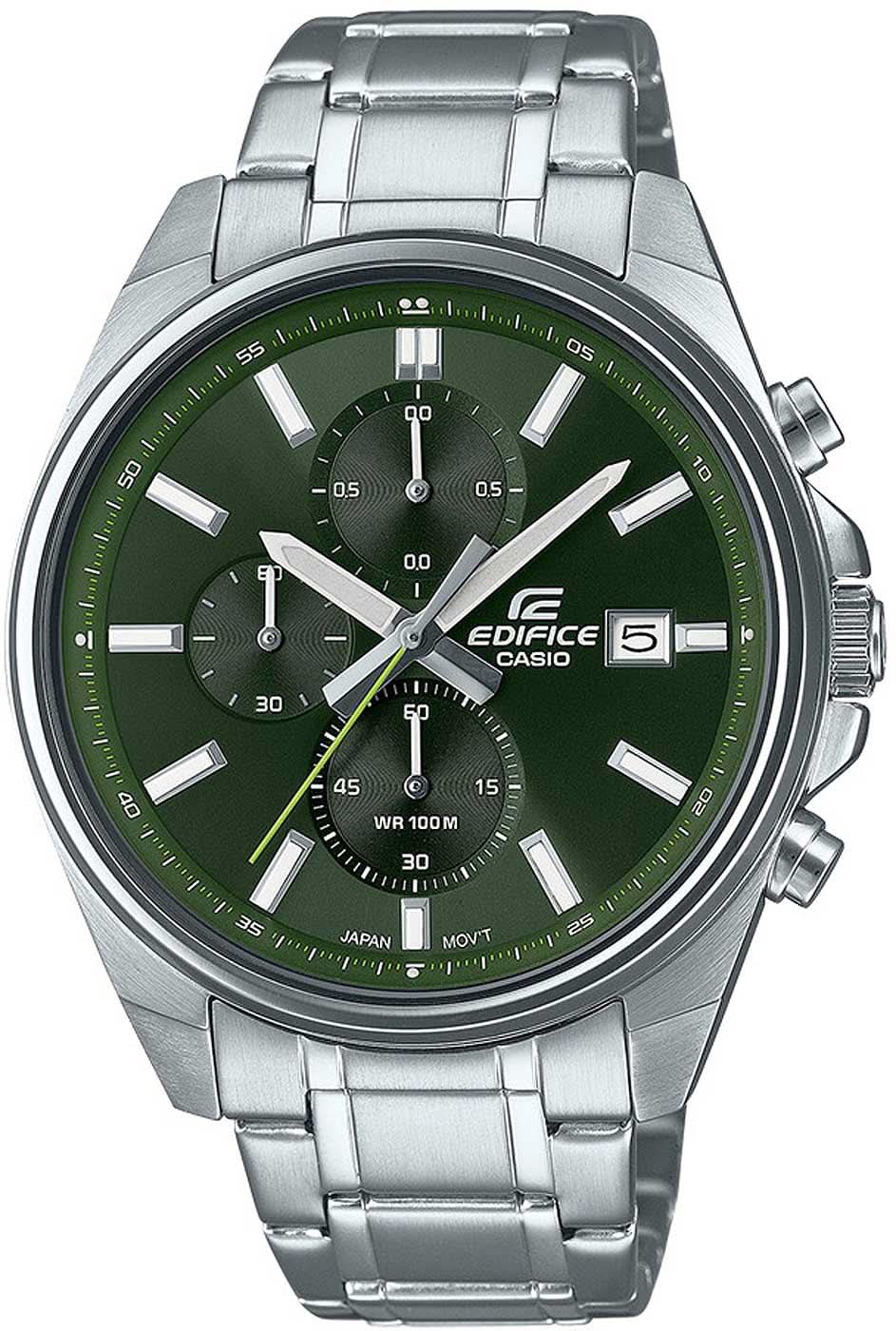 Reloj cronógrafo para hombre con esfera verde, correa de acero inoxidable y tres subesferas