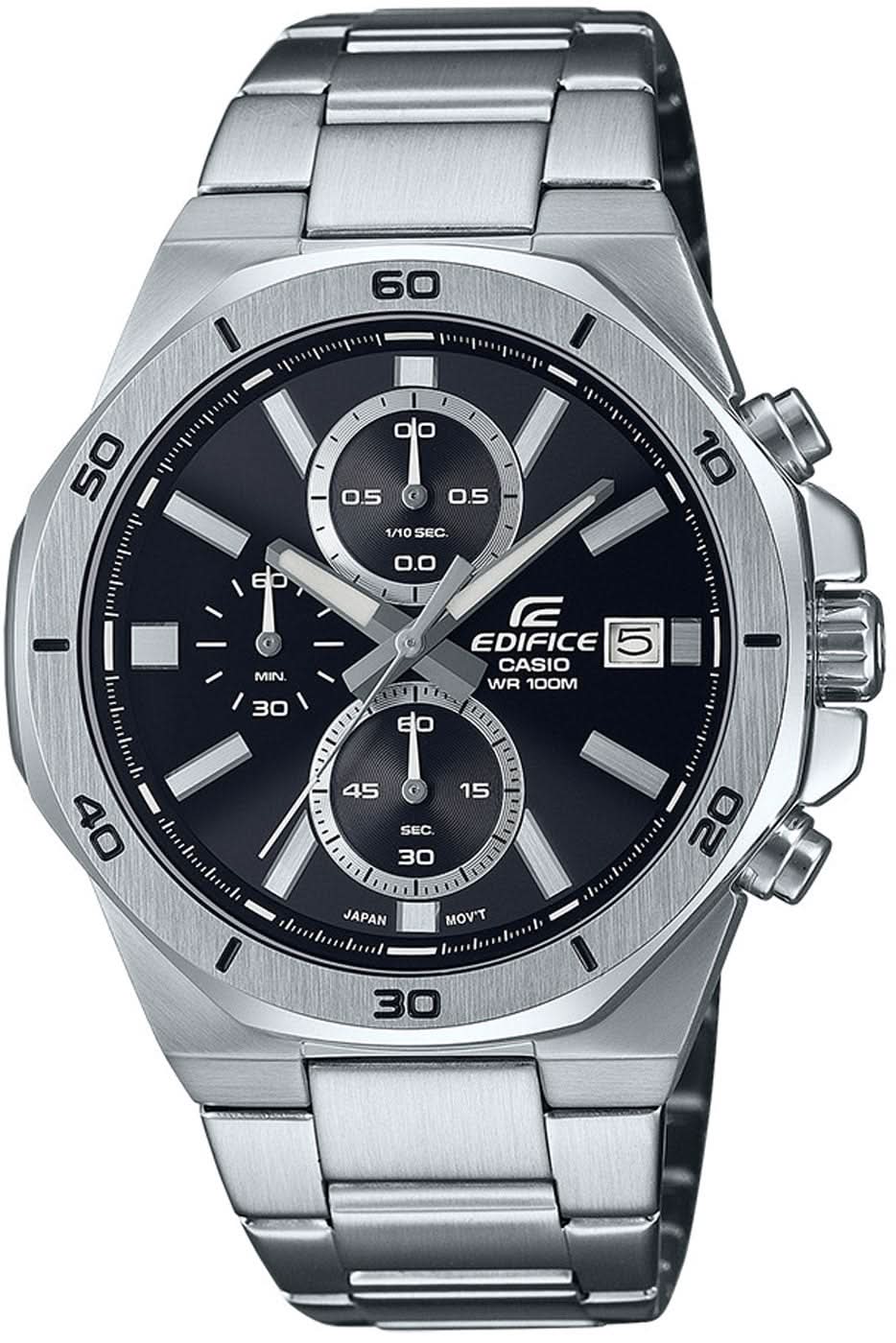 Reloj cronógrafo deportivo para hombre con correa de metal, esfera negra y fecha a las 3 en punto