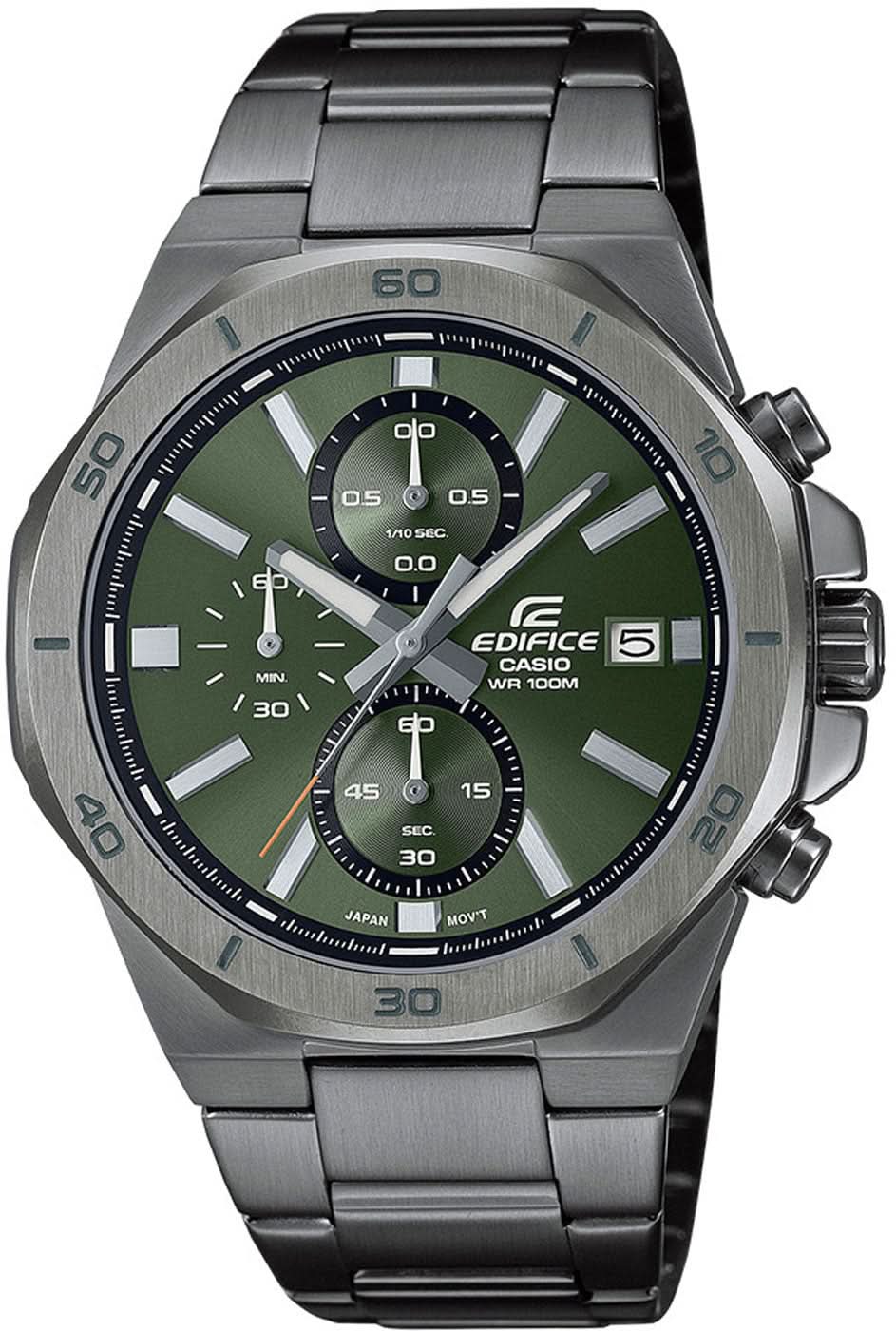 Cronógrafo deportivo para hombre de acero inoxidable con gráfico de esfera verde y bisel octogonal