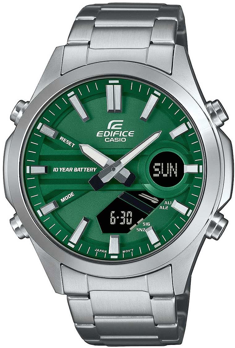 Reloj Edifice para hombre con esfera verde y brazalete de metal plateado, con visualización de fecha