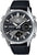 Reloj Casio Edifice para hombre con caja plateada, esfera negra y correa de cuero negra.