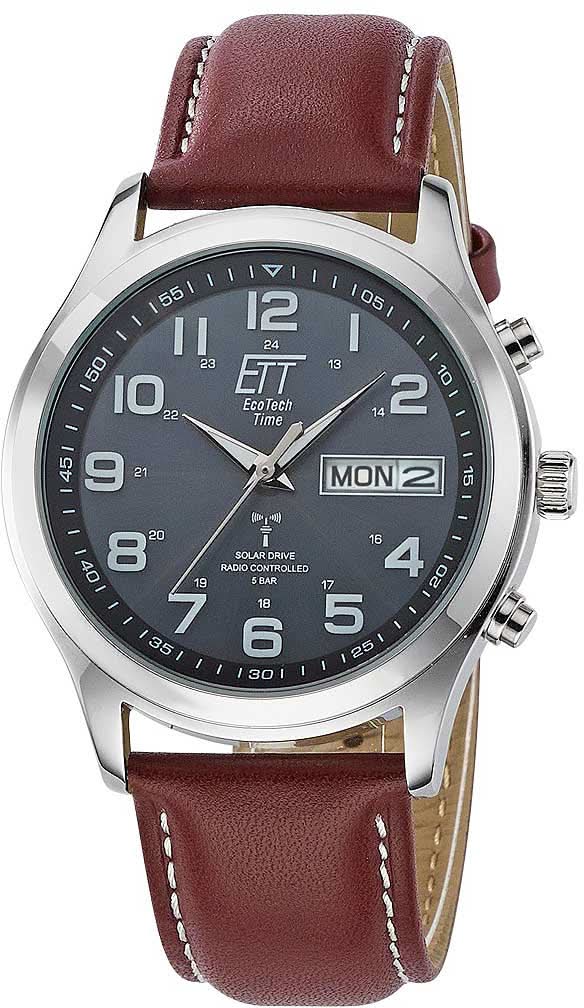 Reloj de hombre con correa de cuero marrón oscuro y esfera negra, fecha en LUN2