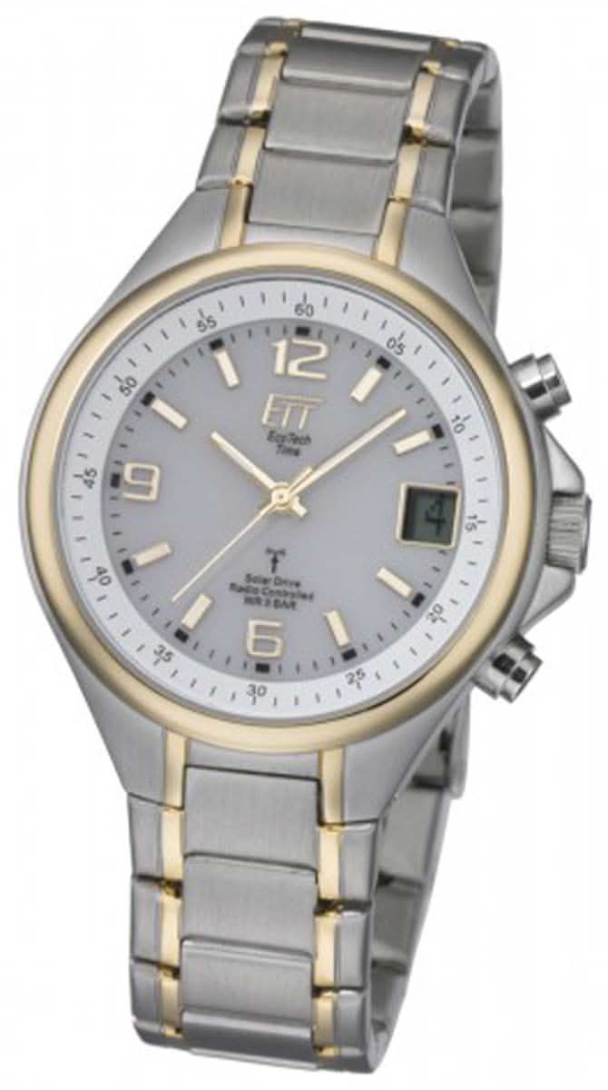 Reloj de hombre de acero inoxidable bicolor, esfera redonda, detalles dorados, brazalete de metal