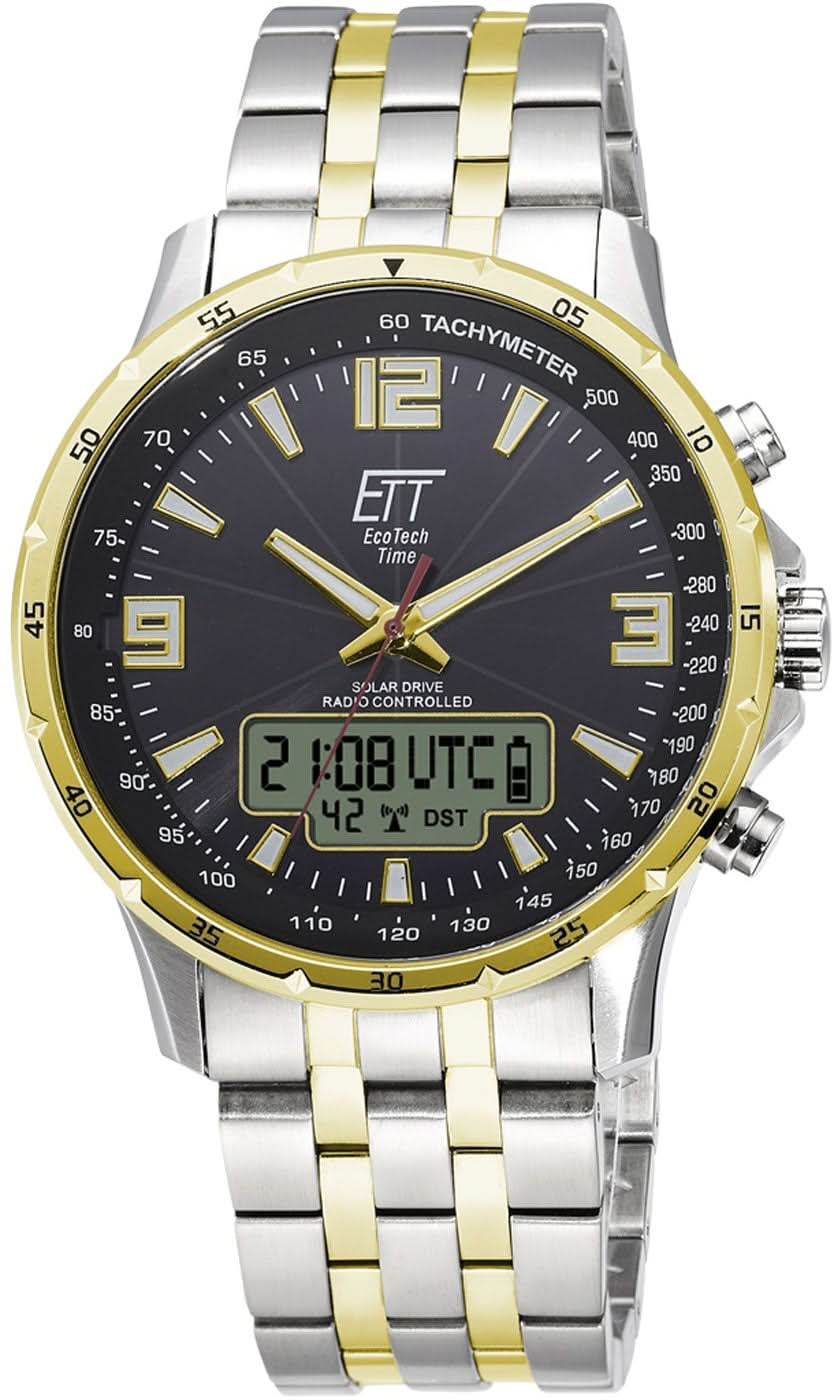 Reloj para hombre con radio solar, esfera negra y brazalete de metal plateado y dorado