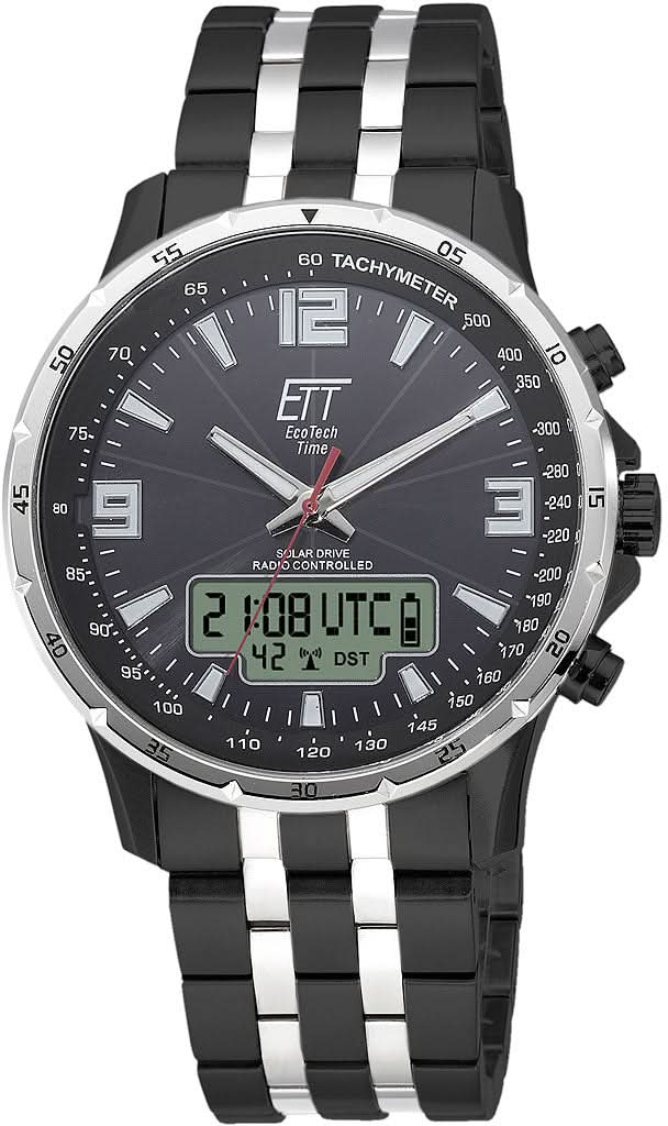 Reloj de hombre con esfera negra, detalles de cronógrafo y eslabones de pulsera metálica bicolor