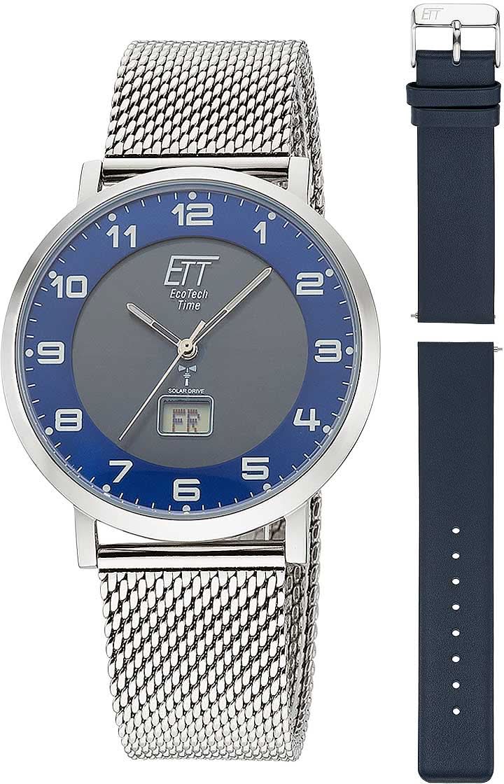 Reloj solar para hombre con correa de malla de acero inoxidable plateado y esfera azul