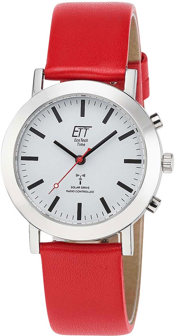 Reloj de mujer con correa de cuero roja, caja plateada y esfera blanca.