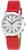 Reloj de mujer con correa de cuero roja, caja plateada y esfera blanca.