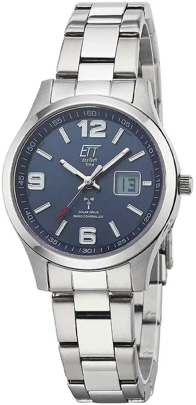 "Reloj de mujer con esfera azul, brazalete plateado, manecillas, índices y ventana de fecha"