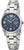 "Reloj de mujer con esfera azul, brazalete plateado, manecillas, índices y ventana de fecha"