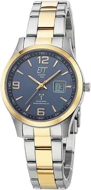 "Reloj solar para mujer: esfera azul, correa metálica bicolor plata/oro"