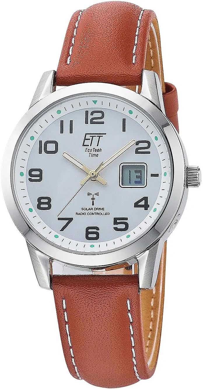 "Reloj de mujer con correa de cuero marrón, caja plateada y esfera blanca"