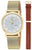 Reloj de mujer dorado de malla con caja redonda, esfera blanca y logo.