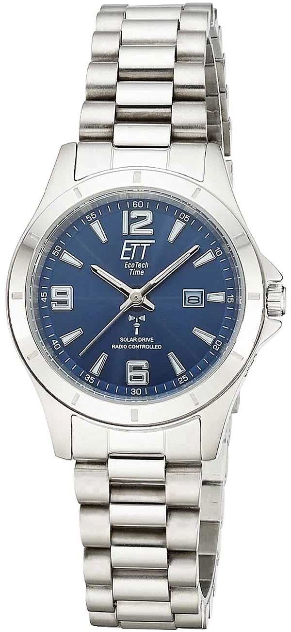 "Reloj de mujer con correa de acero inoxidable, esfera y manecillas azules, logo ETT"