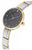 "Reloj de mujer con esfera oscura, manecillas e índices dorados, correa bicolor"