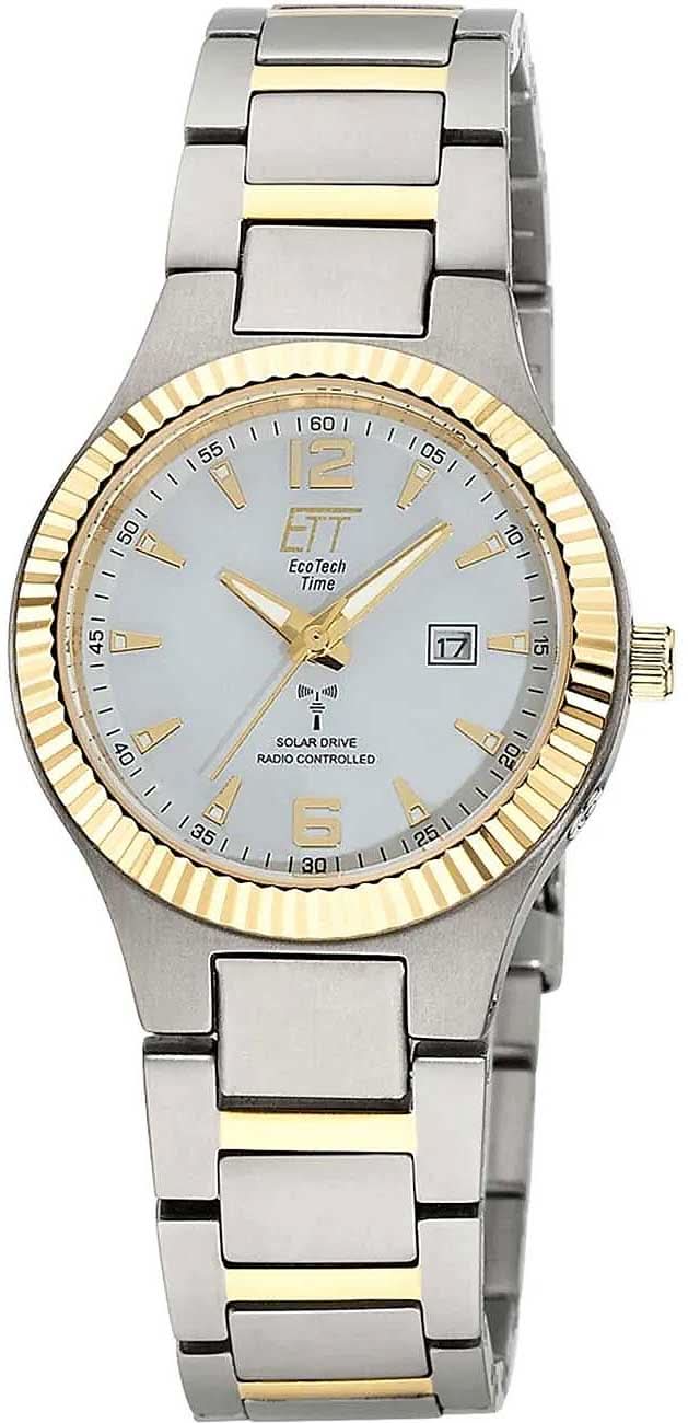 "Reloj de mujer con correa de metal plateado y bisel dorado; esfera plateada"
