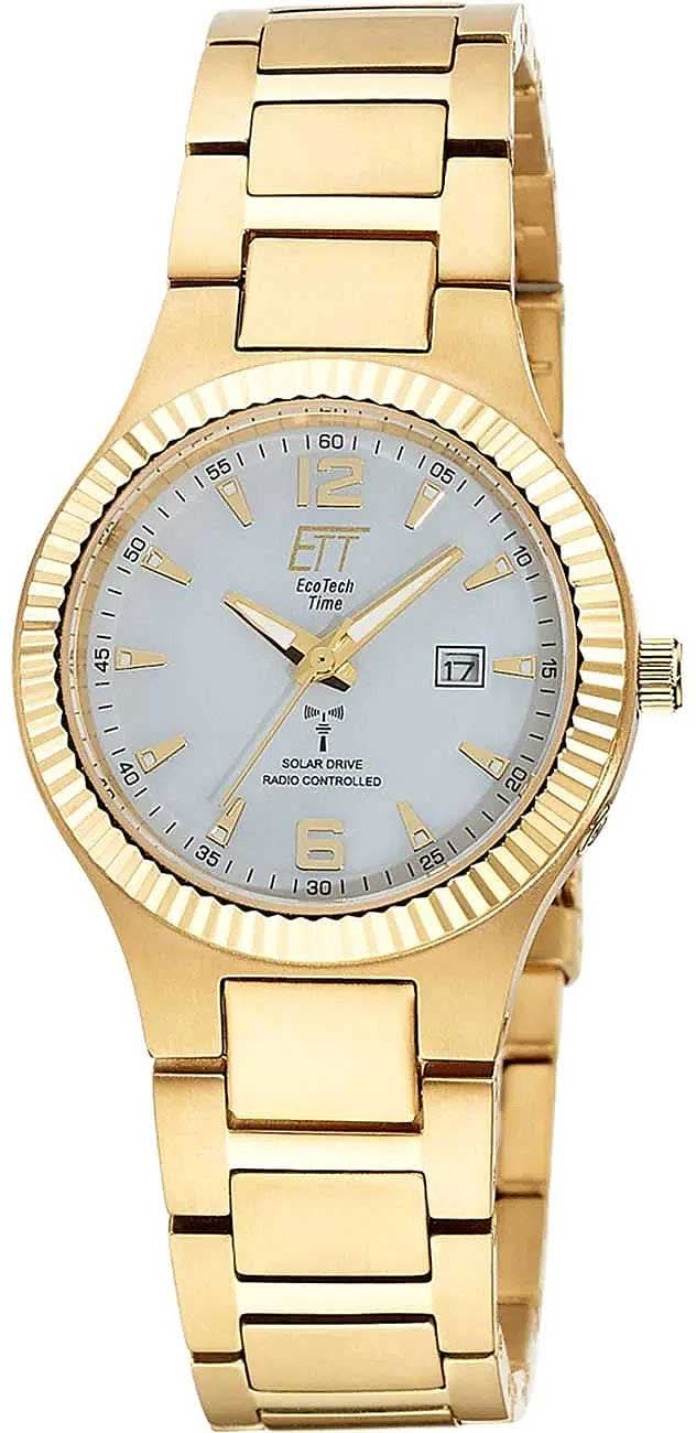 Reloj de mujer en titanio dorado con esfera y brazalete de eslabones claros, manecillas/ventana de fecha
