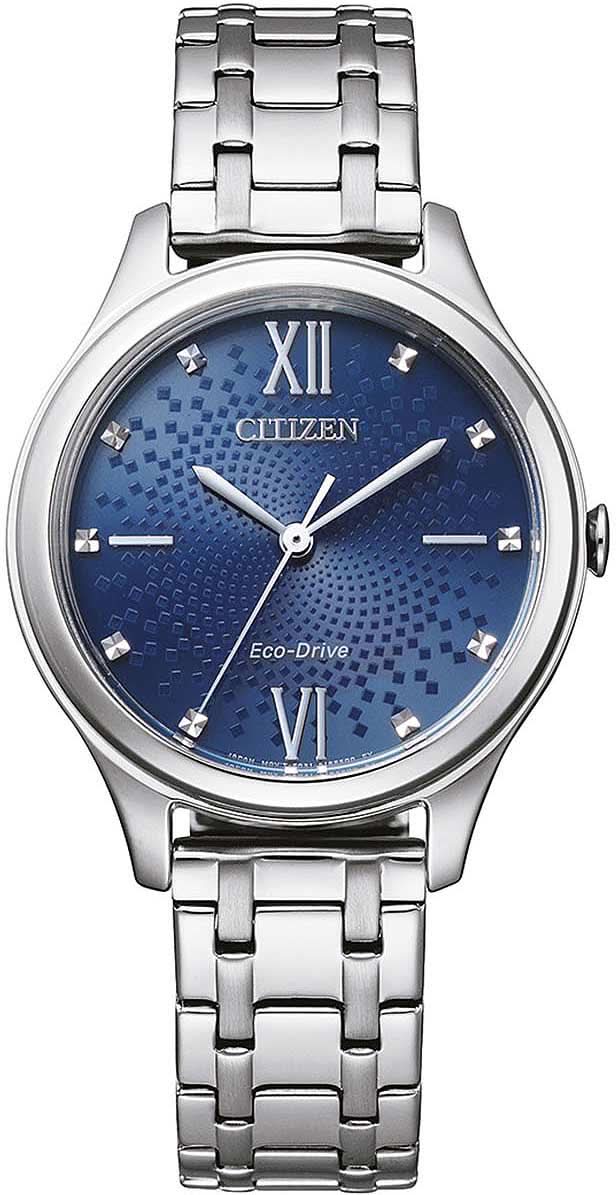 "Reloj de mujer con esfera azul, números romanos, brazalete de acero inoxidable plateado, Eco-Drive"