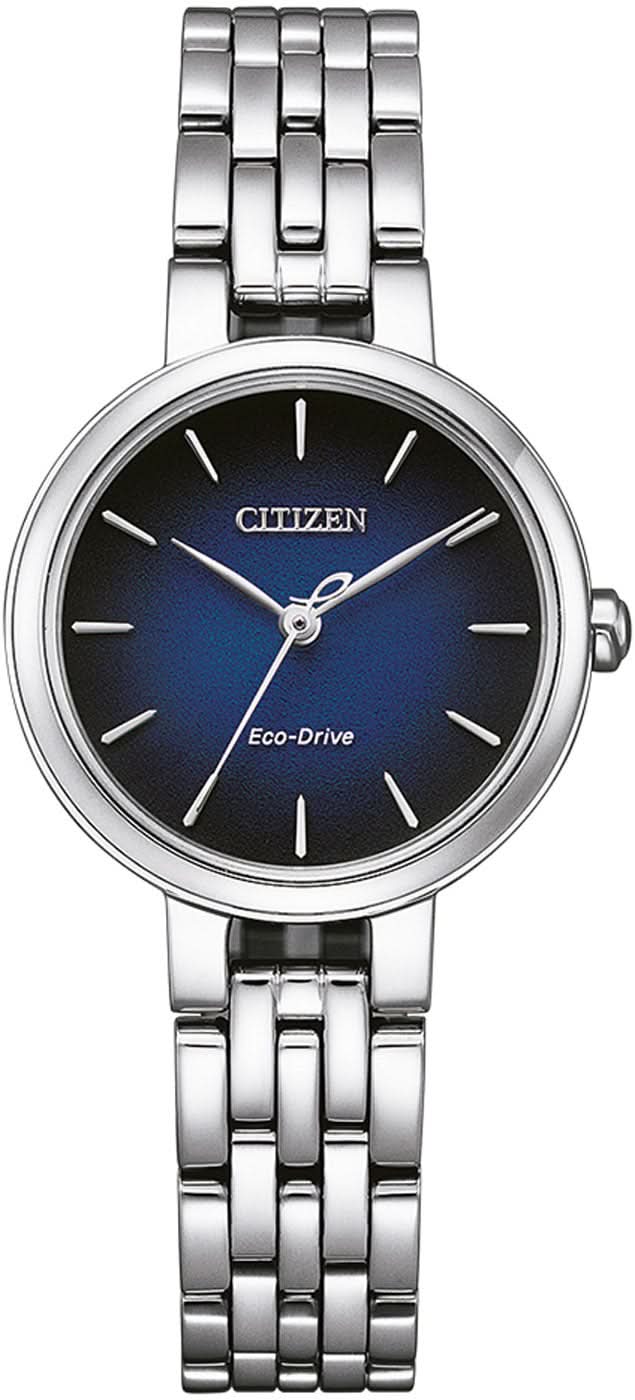 Reloj de mujer con esfera azul y correa de acero inoxidable, bisel redondo