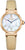 "Reloj de mujer Citizen: caja en tono oro rosa, esfera plateada, correa de piel beige."