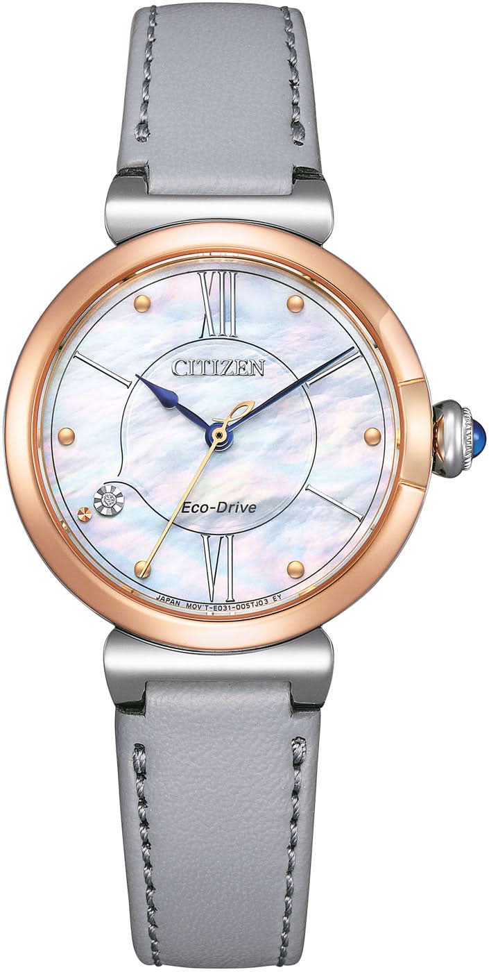 Reloj de mujer con correa de cuero gris, bisel en oro rosa y esfera plateada