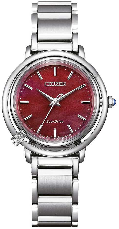 "Reloj Citizen para mujer con brazalete de acero inoxidable plateado y esfera roja"