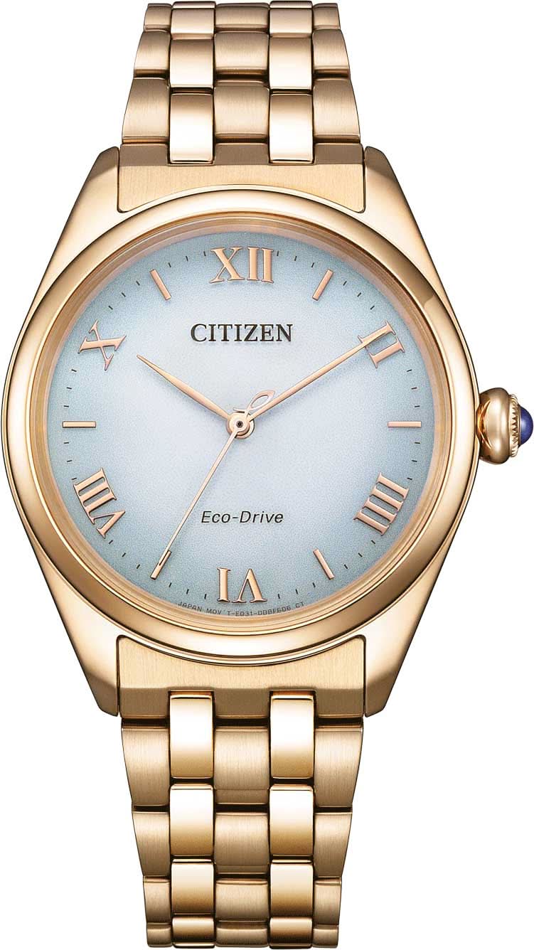Reloj de mujer con pulsera de acero inoxidable en tono dorado, esfera azul y números romanos