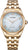 Reloj de mujer con pulsera de acero inoxidable en tono dorado, esfera azul y números romanos