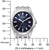 "Reloj de mujer frontal con esfera azul, visualización analógica de la hora, caja de acero inoxidable"