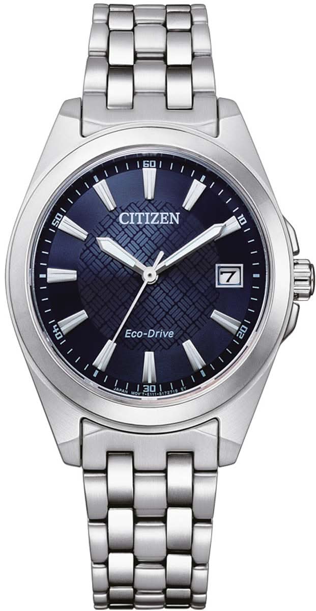 "Reloj de mujer con esfera azul y correa de acero inoxidable, Eco-Drive, bisel redondo"